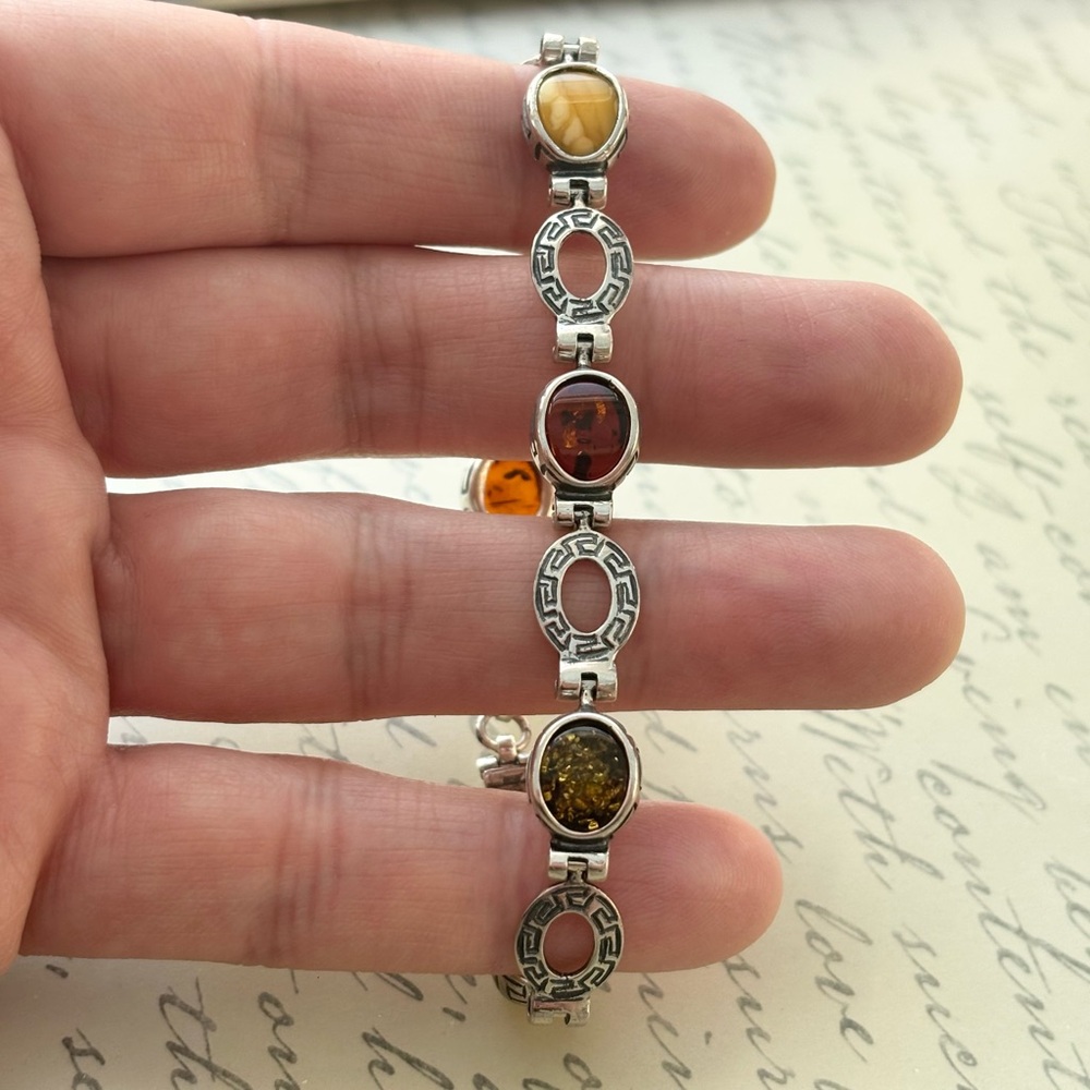 Multi Amber Oval Sterling Silver Women's Link Bracelet - Picture 2 of 5